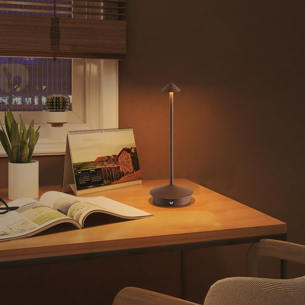 2 Pack Aluminum Cordless Table Lamp, 6000Mah Rechargeable Table Lamps, Portable Touch LED Lamp, Outdoor Waterproof Dimmable Cordless Rechargeable Table Lamps for Restaurant/Patio- (2Brown)