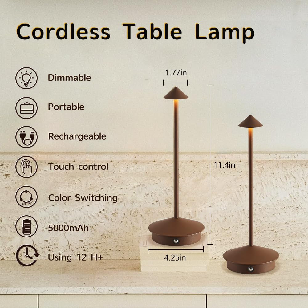 2 Pack Aluminum Cordless Table Lamp, 6000Mah Rechargeable Table Lamps, Portable Touch LED Lamp, Outdoor Waterproof Dimmable Cordless Rechargeable Table Lamps for Restaurant/Patio- (2Brown)