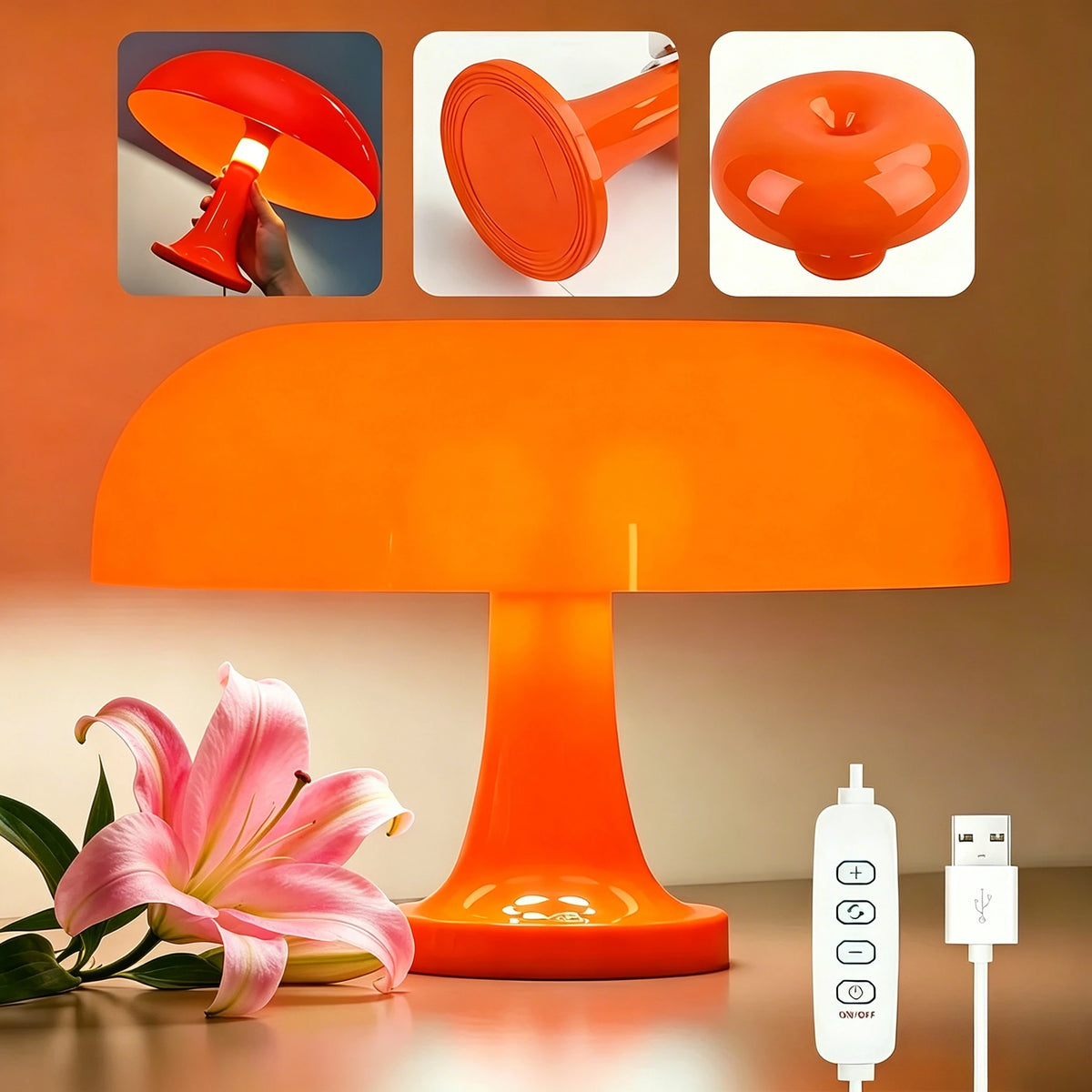 Ambient LED Mushroom Desk Lamp with 3 Color Dimming with USB for Bedrooms Desks & Living Rooms