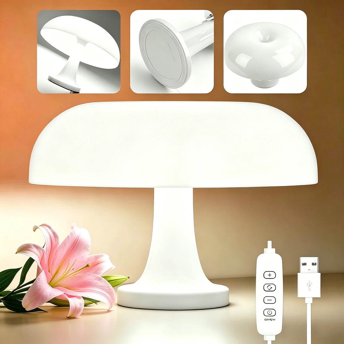 Ambient LED Mushroom Desk Lamp with 3 Color Dimming with USB for Bedrooms Desks & Living Rooms