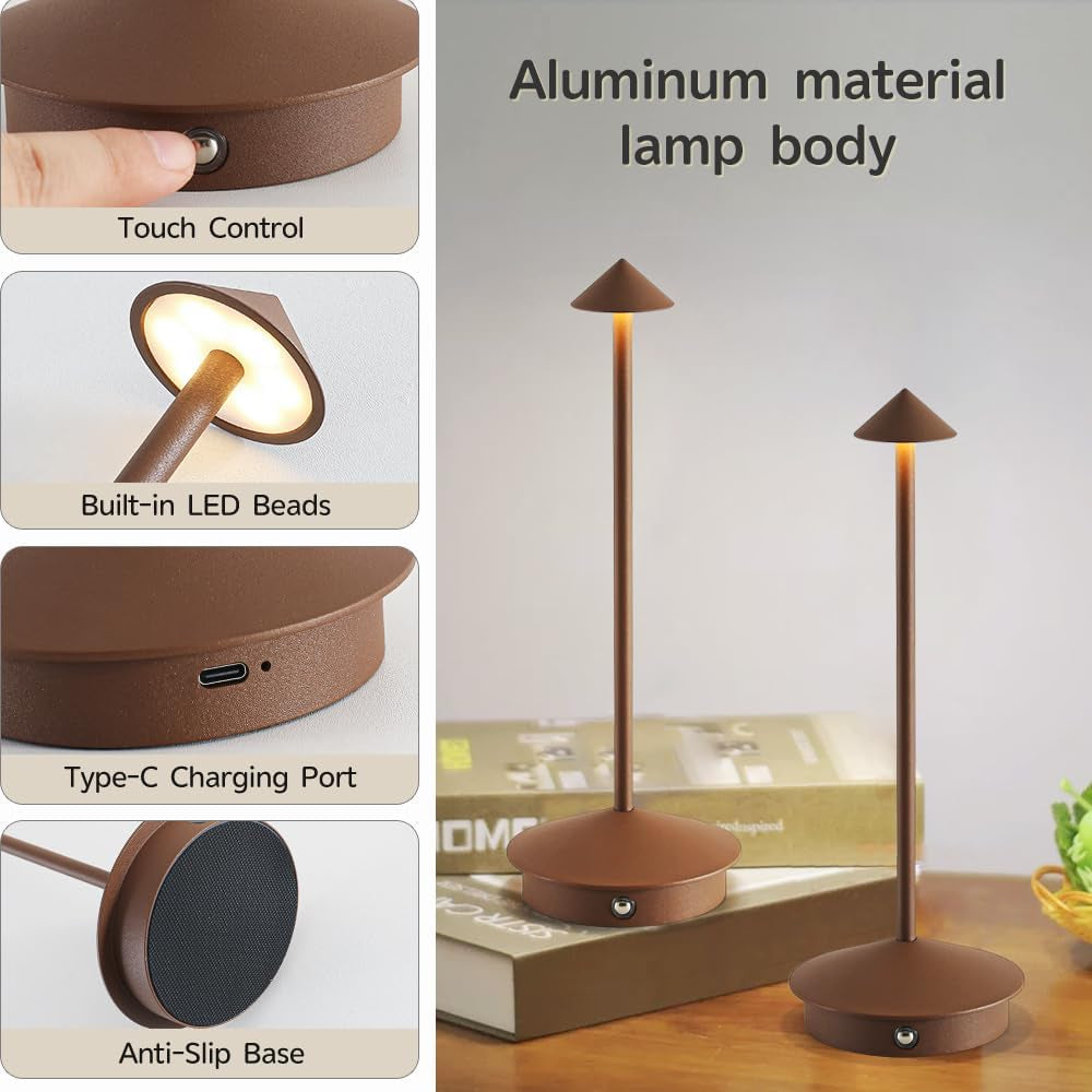2 Pack Aluminum Cordless Table Lamp, 6000Mah Rechargeable Table Lamps, Portable Touch LED Lamp, Outdoor Waterproof Dimmable Cordless Rechargeable Table Lamps for Restaurant/Patio- (2Brown)